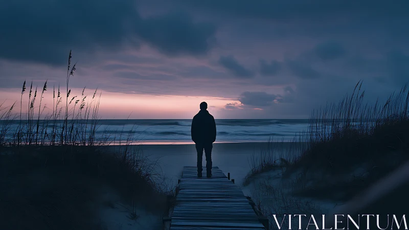 Silhouetted observer on coastal boardwalk at stormy twilight.