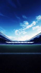 Symmetrical night stadium field under deep blue sky panorama.