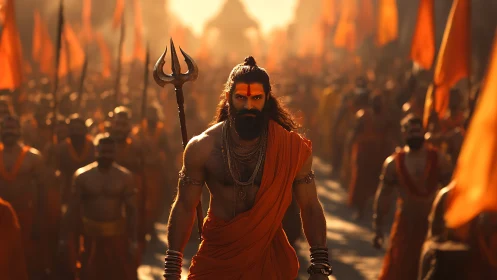 Sunlit warrior monk leads blazing saffron-clad procession.