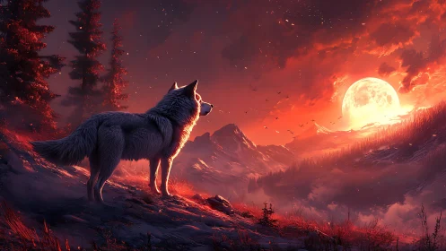 Lone wolf watches a blazing crimson moon over misty peaks