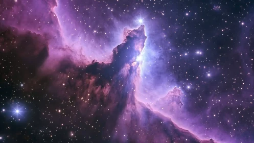 Starlit purple nebula forms a glowing cosmic mountain