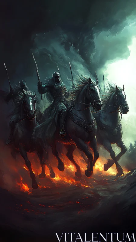 Dark armored riders charging across fiery ground at night.