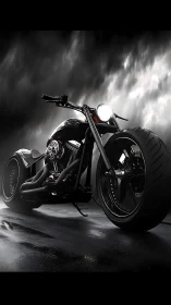 Low-angle render of custom black chopper motorcycle on wet asphalt