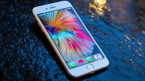 White iPhone displaying vibrant geometric butterfly art against luminous background.