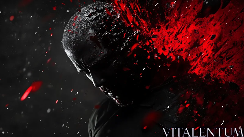 Silhouetted male profile dissolves into red abstract burst