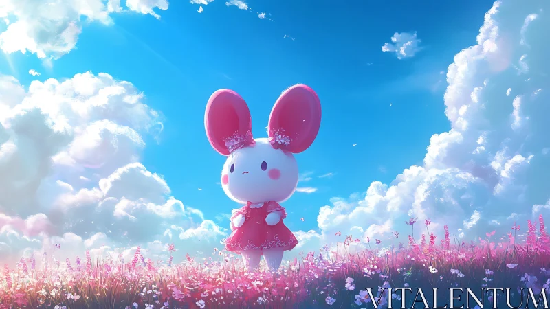 Cute bunny character wandering in dreamy pink wildflower field.