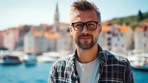 Smiling man in glasses enjoys a sunny harbor backdrop.