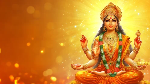 Hindu goddess figure sits centered against radiant gold glow
