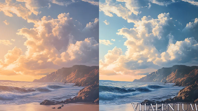 Warm and cool coastal skies meeting above gentle waves.