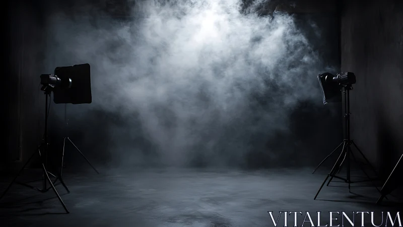 Smoke filled photo studio with two softbox lights on stands.