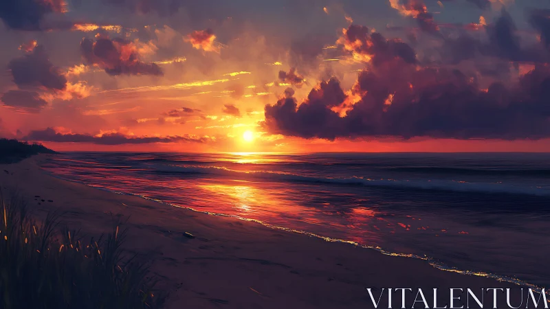 Digital seascape sunset with luminous shoreline reflections.