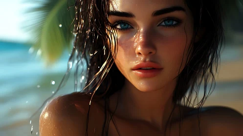 Saltwater light clings to her gaze as the shoreline glows