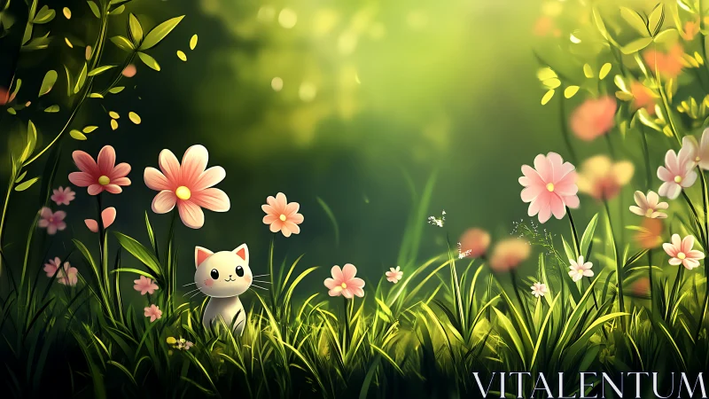 Sunlit meadow kitten dreaming among soft pastel blossoms.