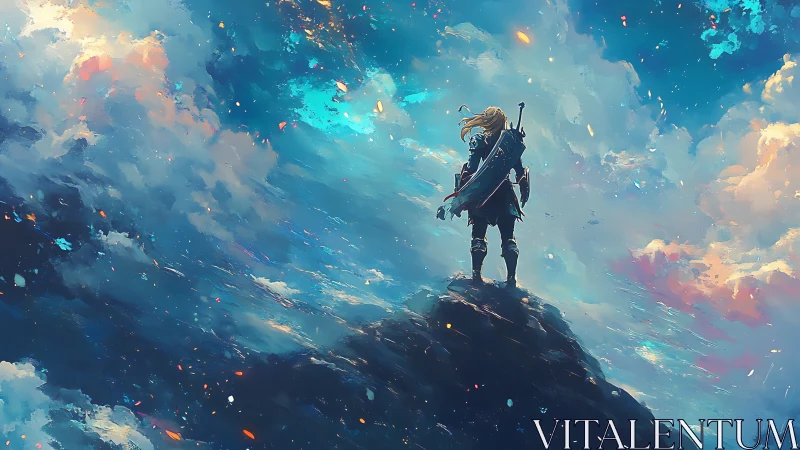 Solitary fantasy warrior silhouetted against turbulent painted sky