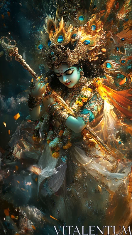 Divine blue-skinned figure holding flute in ornate regalia