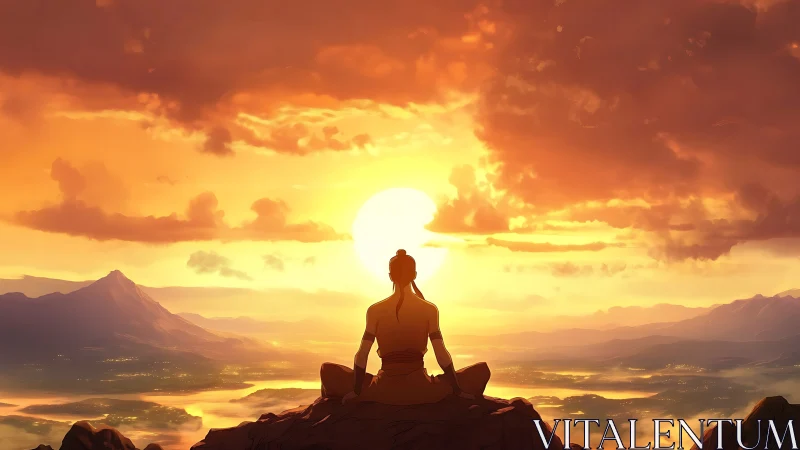 Solitary meditator observes atmospheric sunrise over valley