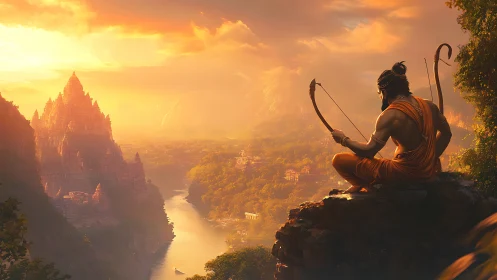 Sunlit archer overlooking mythic river temple valley scene.
