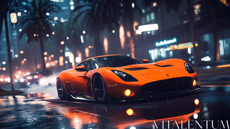 Orange supercar slices through rainy neon city streets