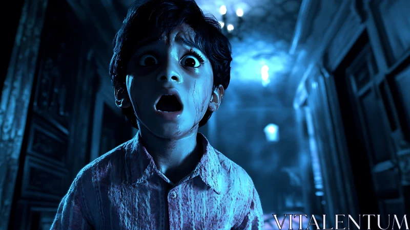 Wide-eyed child frozen in spectral hallway terror glow.