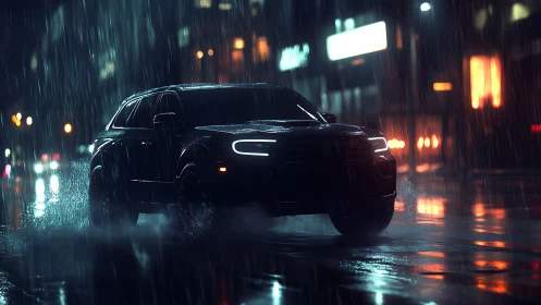 Bold black SUV glides through neon city streets in heavy rain