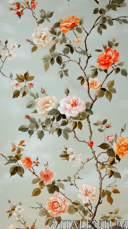 Vintage peony branches climb across soft green sky wall.