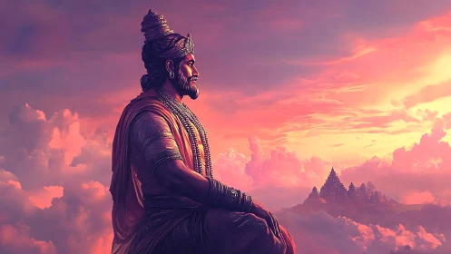 Serene skyward king rests above glowing temple clouds