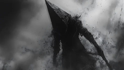 Shadowed pyramid-helmed wanderer crossing the storm veil.