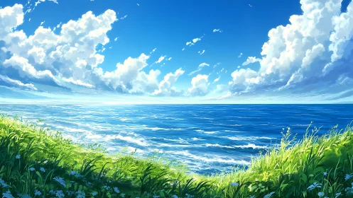 Littoral grassland overlooking high-chroma cumulonimbus seascape.