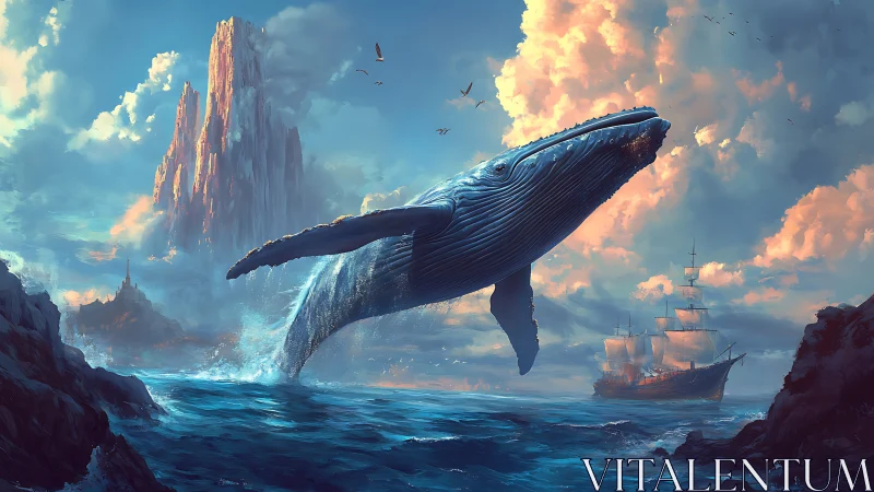 Majestic breaching whale soars beside tall ships at sunrise