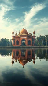 Symmetrical domed pavilion mirrored in still reflective water.