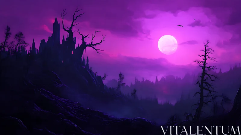 Gothic castle broods beneath a vivid violet full-moon sky