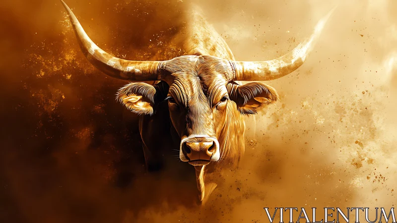 Golden longhorn bull bursts through blazing dust field.