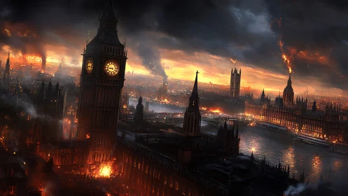 Burning Big Ben and Westminster skyline under dark smoke