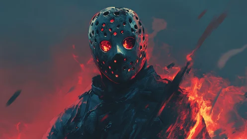 Masked inferno warrior framed by searing crimson flames.