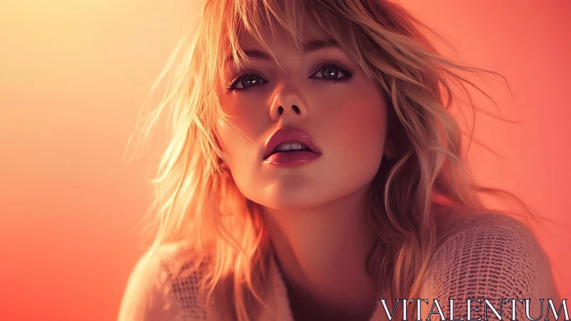 Soft-focus warm portrait with blonde hair and peach gradient light
