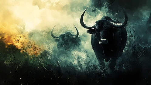 Charging buffalo in moody smoke filled wilderness scene.