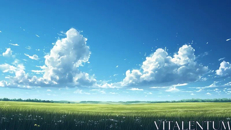 Expansive summer grassland under towering cumulus clouds