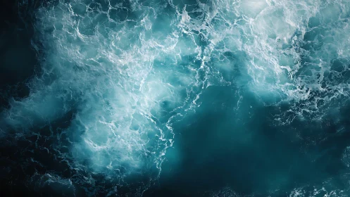 Photorealistic aerial ocean turbulence with luminous foam patterns.