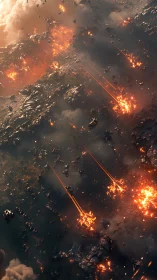 Cosmic Battle: Asteroids Colliding in Fiery Space.