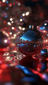 Gleaming Christmas bauble reflects festive bokeh lights.
