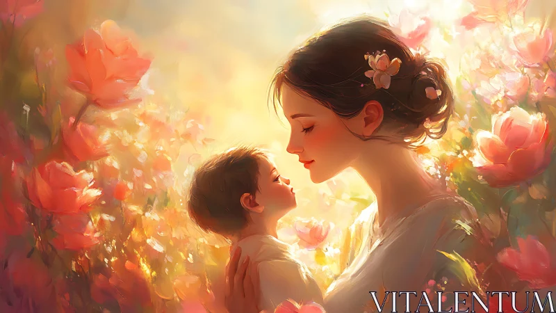 Mother and Child in Blooming Garden Light.