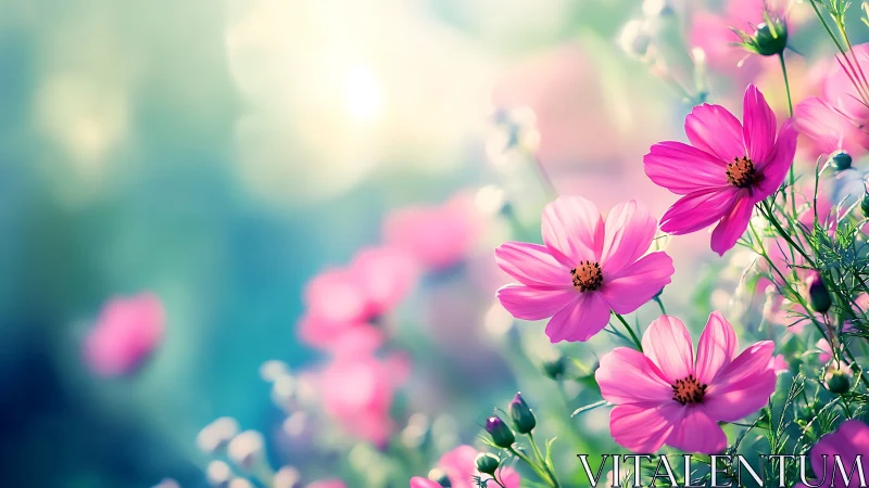 Pink Cosmos Flowers with Bokeh Background in Soft Garden Lighting