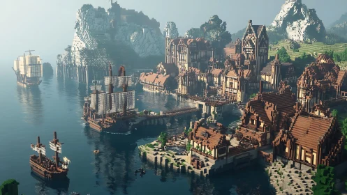 Voxel medieval harbor city with misty mountain backdrop.