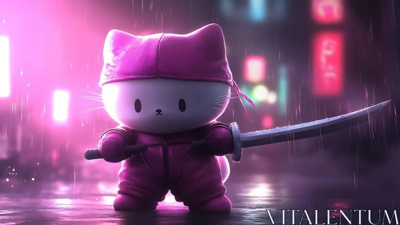 Neon city kitty warrior stands ready under soft pink rain