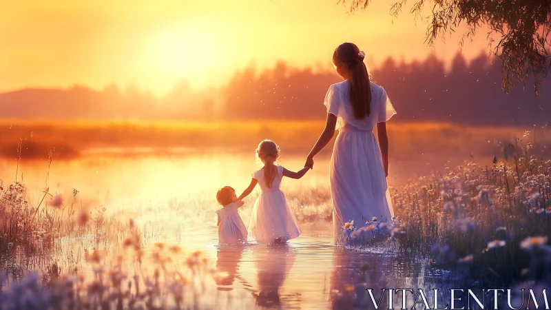 Golden Hour Love: Mother and Child in Misty Waters.