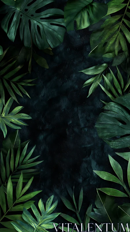 Lush tropical foliage framing deep textured backdrop.