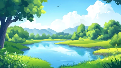 Sunlit river bends through lush valley under soft clouds