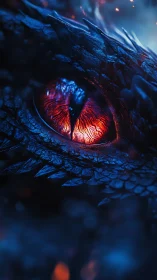 Fiery dragon eye burns through cold blue shadowed scales