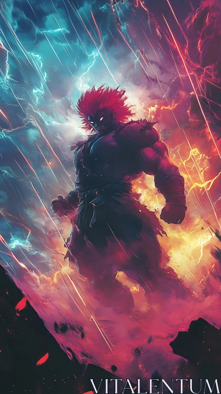 Electrified warrior silhouette splits storm in dual neon spectrum