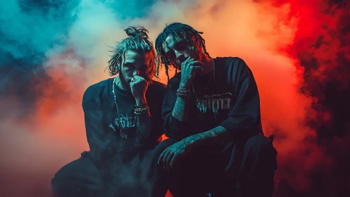 Smoldering duo in neon smoke trade quiet rebellion with style.